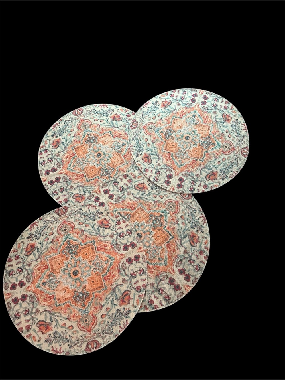 Round Floral Medallion Placemats Set in Coral, Teal & Cream